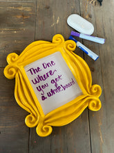 Load image into Gallery viewer, Friends Frame Whiteboard/ Yellow Peephole Door Frame/ Home Decor/ Themed Wedding Party/ Quirky Decor/ Fandom/ Chalkboard