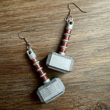 Load image into Gallery viewer, Thor Hammer Earrings/ Norse Mythology/ Superhero Accessories/ Cosplay/ Unique Earrings/ Comic Geek Gift/ Comic Book Hero/ Girl Power