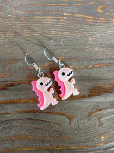 Load image into Gallery viewer, Dinosaur Novelty Earrings/ Dangling Dino Jewelry/ Quirky Nerdy Gift / Colorful T Rex Active