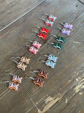 Load image into Gallery viewer, Dinosaur Novelty Earrings/ Dangling Dino Jewelry/ Quirky Nerdy Gift / Colorful T Rex Active