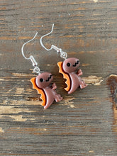 Load image into Gallery viewer, Dinosaur Novelty Earrings/ Dangling Dino Jewelry/ Quirky Nerdy Gift / Colorful T Rex Active