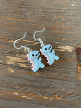 Load image into Gallery viewer, Dinosaur Novelty Earrings/ Dangling Dino Jewelry/ Quirky Nerdy Gift / Colorful T Rex Active
