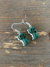 Load image into Gallery viewer, Dinosaur Novelty Earrings/ Dangling Dino Jewelry/ Quirky Nerdy Gift / Colorful T Rex Active