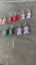 Load and play video in Gallery viewer, Dinosaur Novelty Earrings/ Dangling Dino Jewelry/ Quirky Nerdy Gift / Colorful T Rex Active