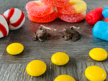 Load image into Gallery viewer, Fudge Frog Earrings/ Wizarding Earrings/ Candy Jewelry/ Quirky Accessories/ Food Dangle Earrings/ Cosplay/ Magical Candy/ Fandom Gift/ Nerd
