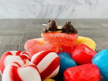 Load image into Gallery viewer, Fudge Frog Earrings/ Wizarding Earrings/ Candy Jewelry/ Quirky Accessories/ Food Dangle Earrings/ Cosplay/ Magical Candy/ Fandom Gift/ Nerd