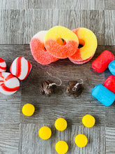 Load image into Gallery viewer, Fudge Frog Earrings/ Wizarding Earrings/ Candy Jewelry/ Quirky Accessories/ Food Dangle Earrings/ Cosplay/ Magical Candy/ Fandom Gift/ Nerd