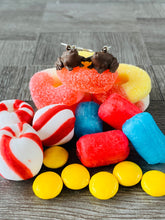 Load image into Gallery viewer, Fudge Frog Earrings/ Wizarding Earrings/ Candy Jewelry/ Quirky Accessories/ Food Dangle Earrings/ Cosplay/ Magical Candy/ Fandom Gift/ Nerd