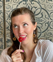 Load image into Gallery viewer, Fudge Frog Earrings/ Wizarding Earrings/ Candy Jewelry/ Quirky Accessories/ Food Dangle Earrings/ Cosplay/ Fandom Gift/ Nerdy