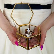 Load image into Gallery viewer, Person holding a hexagonal glass box with gold trim with a small figurine inside of a bird that is holding two wedding bands, wearing a white dress with a navy blue ribbon belt.
