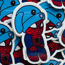 Load image into Gallery viewer, stickers of spider superhero wearing a blue bunny hat. it is in a very cartoon, young style
