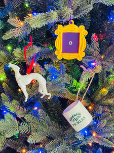 Friends Christmas Ornaments/ Friends Themed Gift Set/ Yellow Peephole Door Frame/ Pat Dog/ White Greyhound/ TV Replicas/ Gift