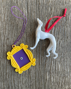 Friends Christmas Ornaments/ Friends Themed Gift Set/ Yellow Peephole Door Frame/ Pat Dog/ White Greyhound/ TV Replicas/ Gift
